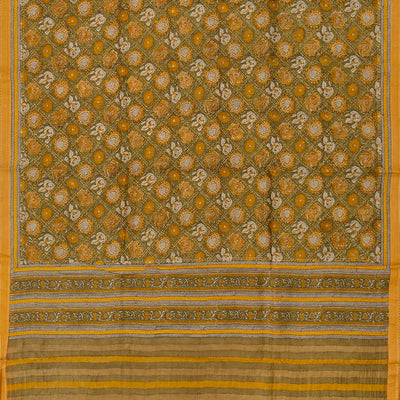 Mustard Handwoven Printed Tussar Silk Saree With Floral Motifs-Mustard