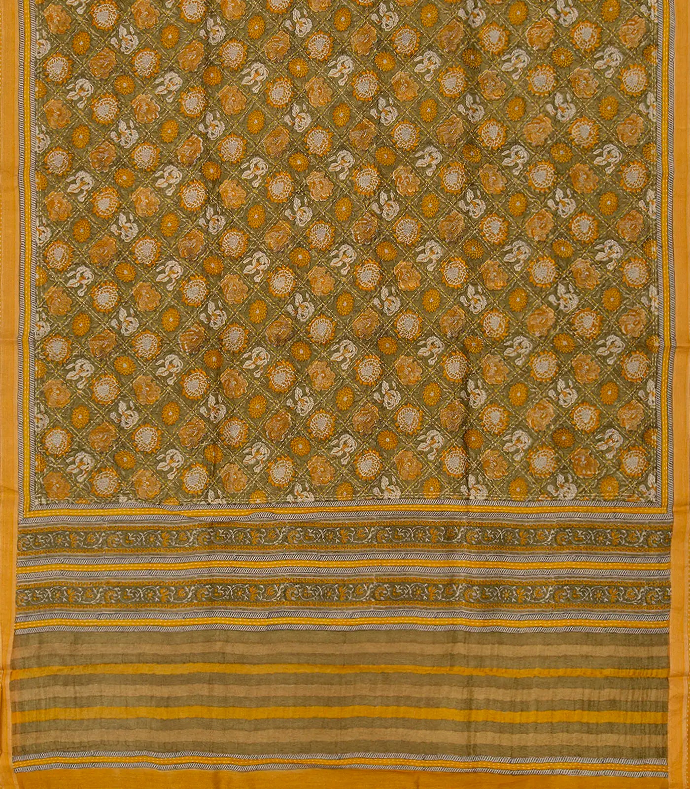 Mustard Handwoven Printed Tussar Silk Saree With Floral Motifs-Mustard