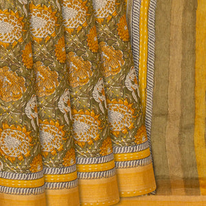 Mustard Handwoven Printed Tussar Silk Saree With Floral Motifs-Mustard