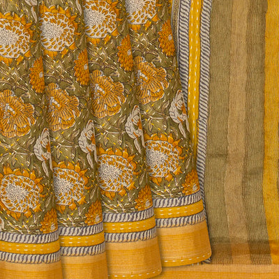 Mustard Handwoven Printed Tussar Silk Saree With Floral Motifs-Mustard