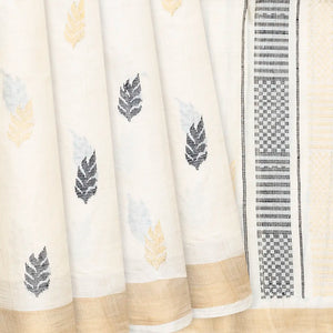 Cream Handwoven Tussar Silk Saree With Floral Motifs-Cream