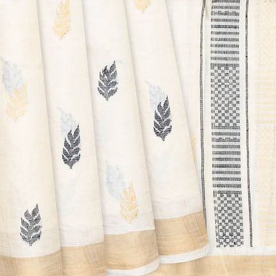 Cream Handwoven Tussar Silk Saree With Floral Motifs-Cream
