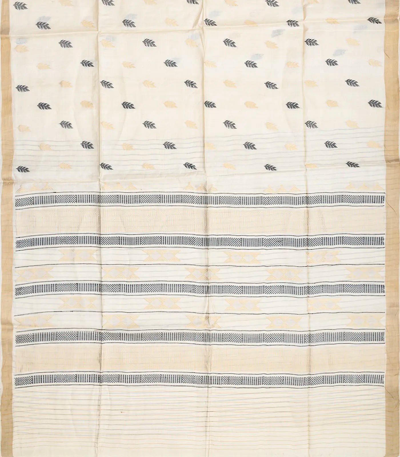 Cream Handwoven Tussar Silk Saree With Floral Motifs-Cream