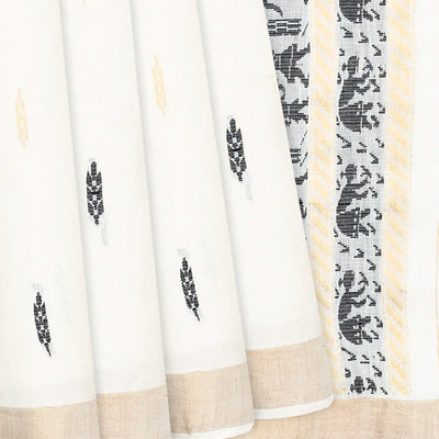 White Handwoven Tussar Silk Saree With Black Floral Motifs-White