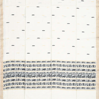 White Handwoven Tussar Silk Saree With Black Floral Motifs-White