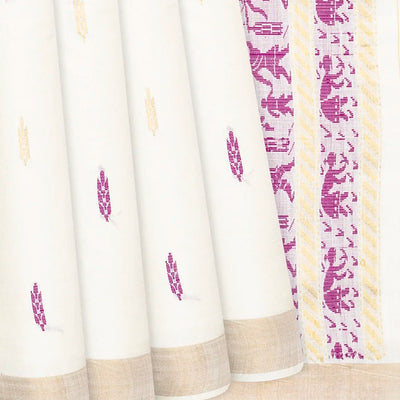 White Handwoven Tussar Silk Saree With Purple Floral Motifs-White