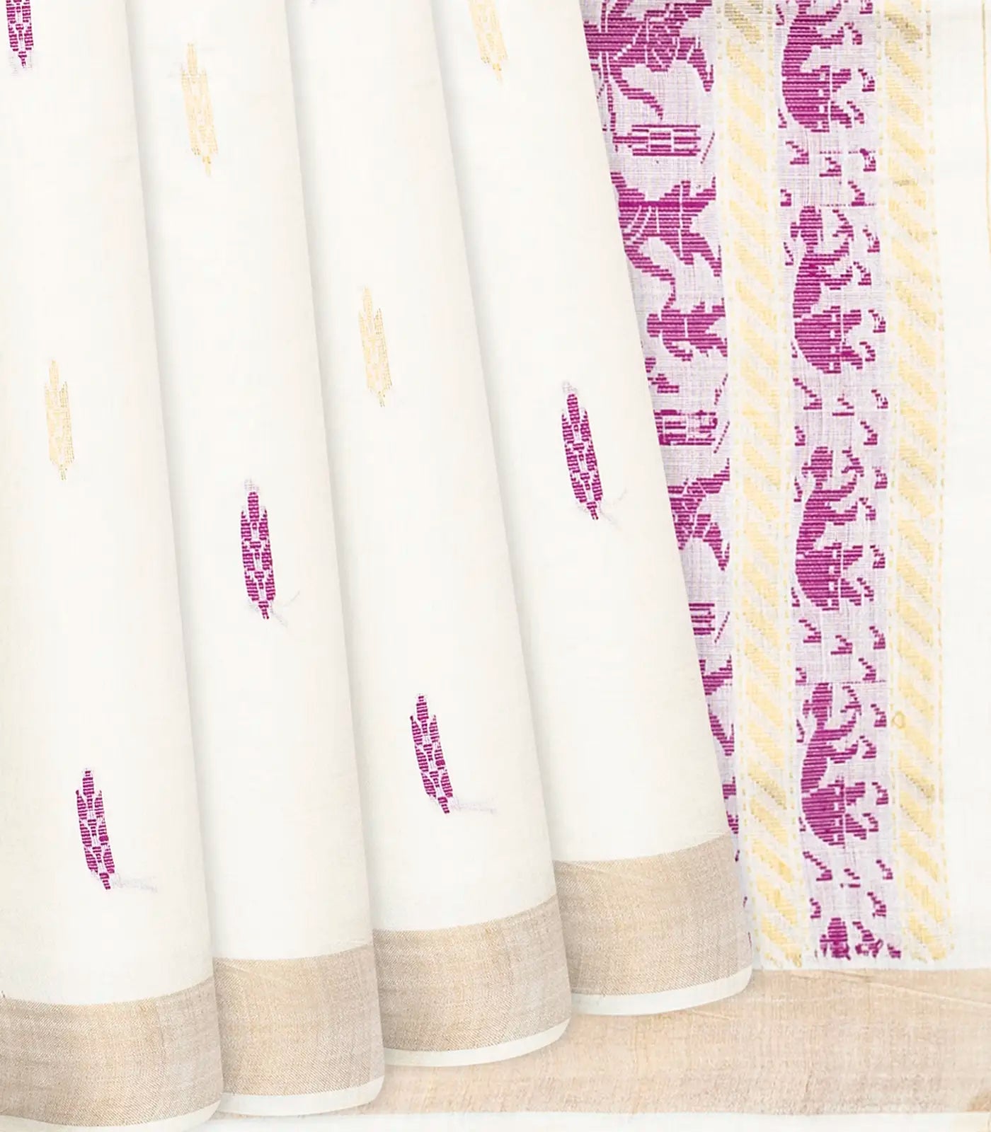 White Handwoven Tussar Silk Saree With Purple Floral Motifs-White