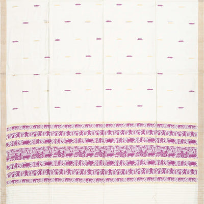 White Handwoven Tussar Silk Saree With Purple Floral Motifs-White