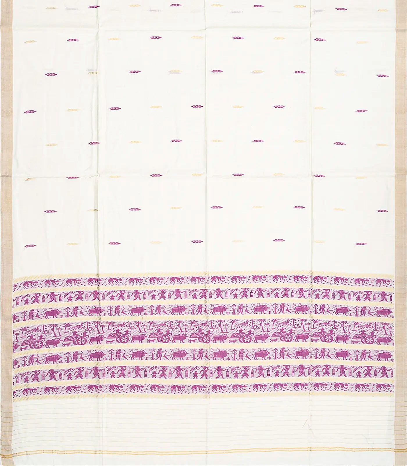 White Handwoven Tussar Silk Saree With Purple Floral Motifs-White