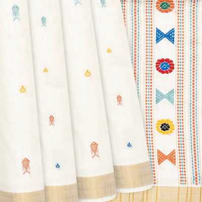 White Handwoven Tussar Silk Saree With Fish Motifs-White