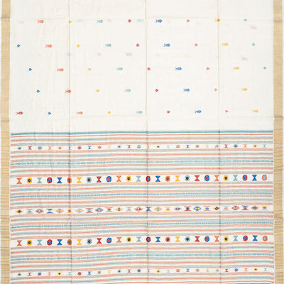 White Handwoven Tussar Silk Saree With Fish Motifs-White