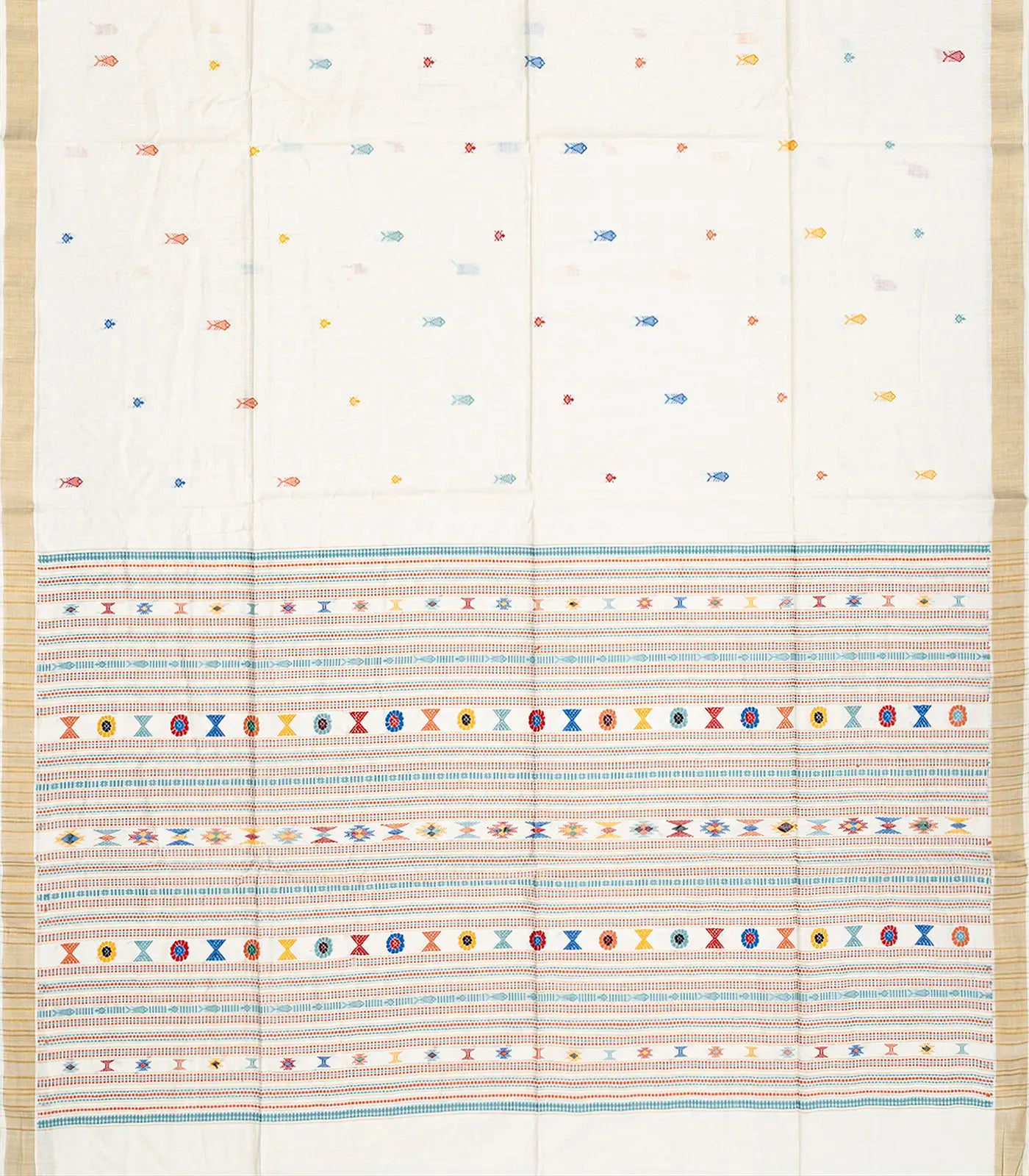 White Handwoven Tussar Silk Saree With Fish Motifs-White