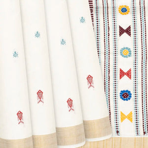 Cream Handwoven Tussar Silk Saree With Fish Motifs-Cream