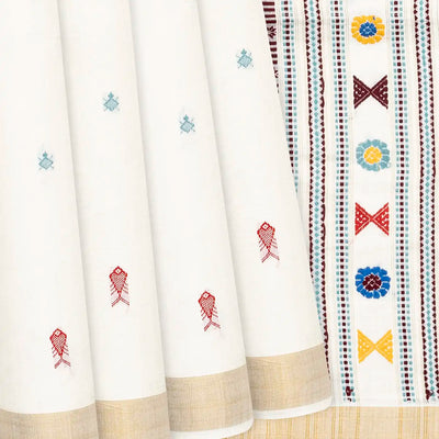 Cream Handwoven Tussar Silk Saree With Fish Motifs-Cream