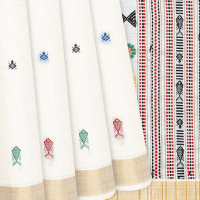 White Handwoven Tussar Silk Saree With Meena Fish Motifs-White
