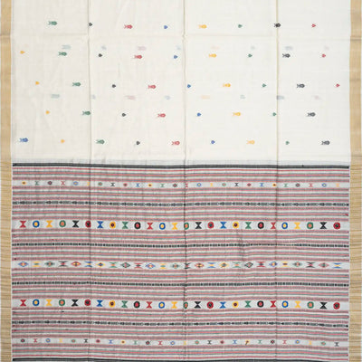 White Handwoven Tussar Silk Saree With Meena Fish Motifs-White