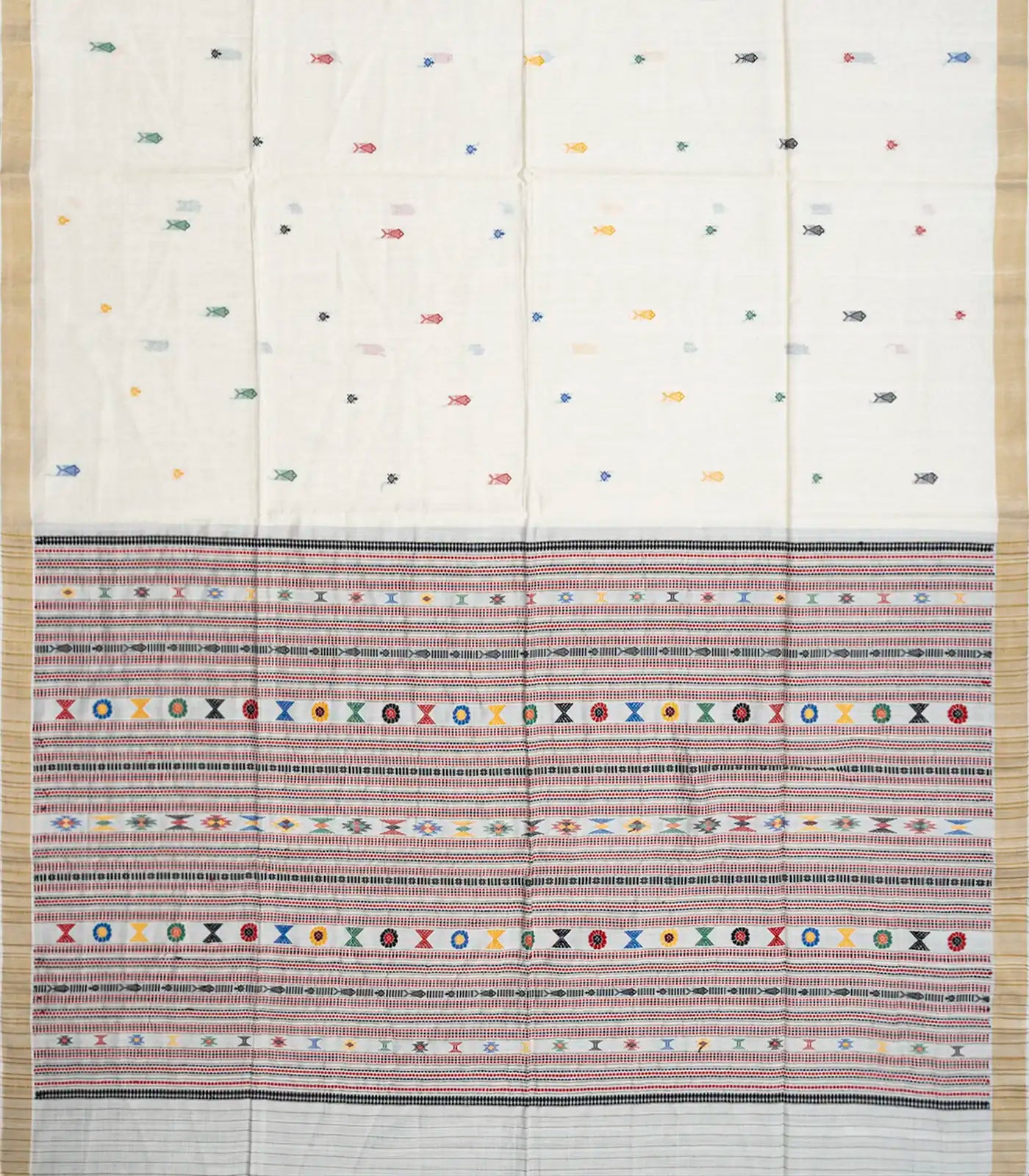 White Handwoven Tussar Silk Saree With Meena Fish Motifs-White