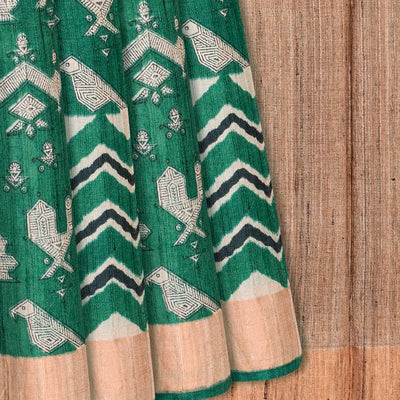 Sea Green Handloom Tussar Silk Saree With Printed Bird Motifs-Sea Green