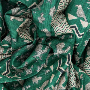 Sea Green Handloom Tussar Silk Saree With Printed Bird Motifs-Sea Green