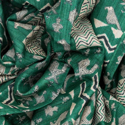 Sea Green Handloom Tussar Silk Saree With Printed Bird Motifs-Sea Green