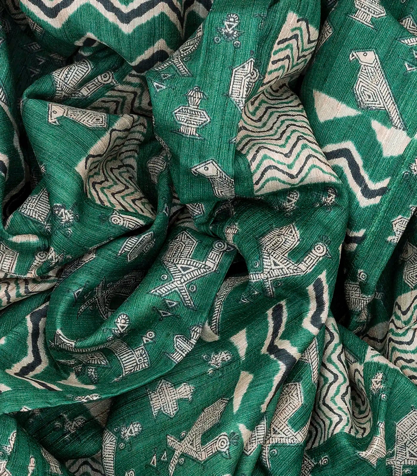 Sea Green Handloom Tussar Silk Saree With Printed Bird Motifs-Sea Green