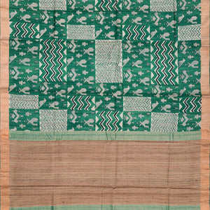 Sea Green Handloom Tussar Silk Saree With Printed Bird Motifs-Sea Green