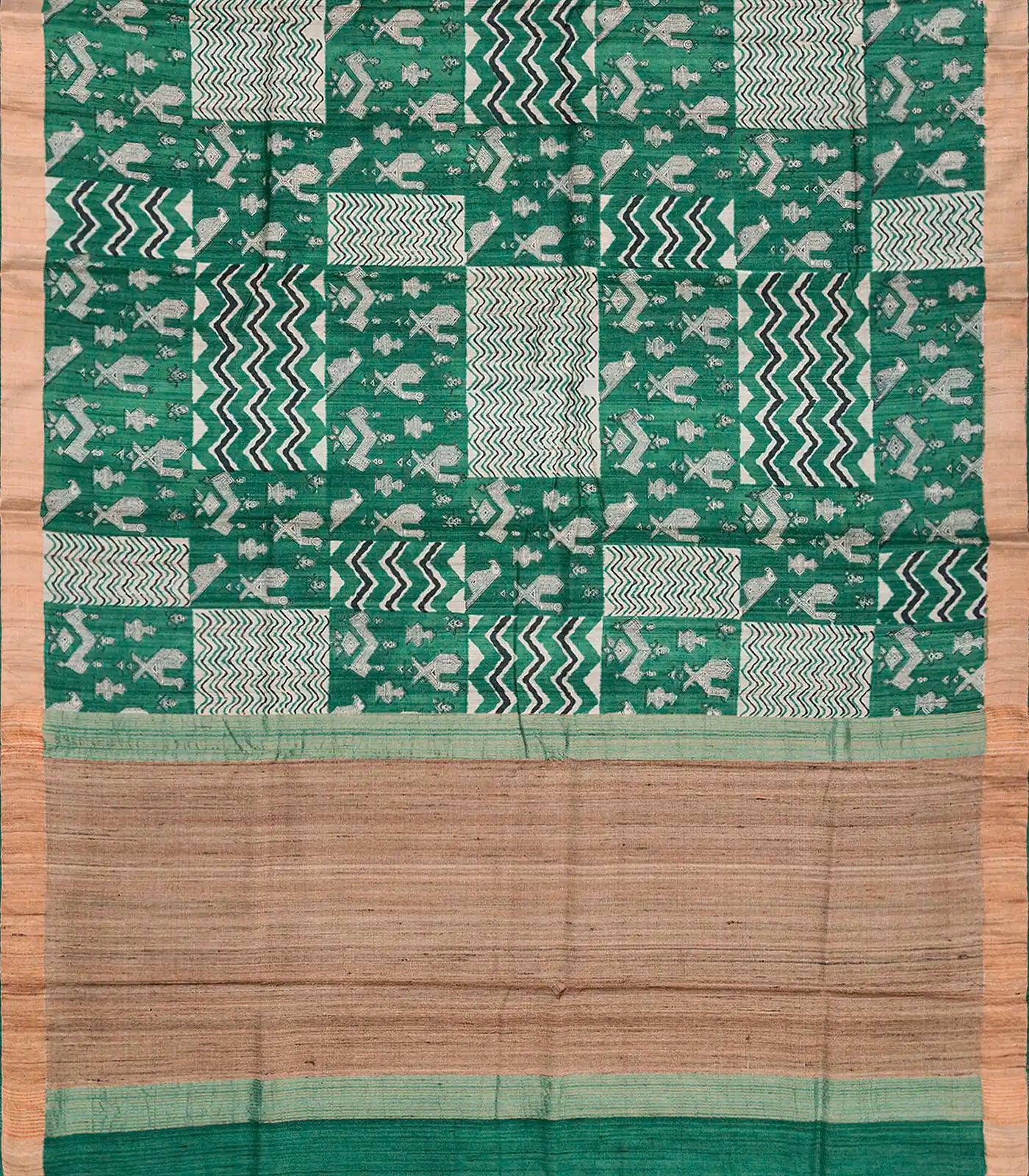 Sea Green Handloom Tussar Silk Saree With Printed Bird Motifs-Sea Green