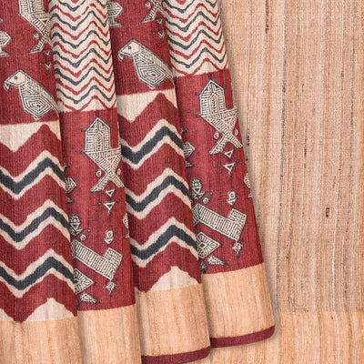 Chestnut Pink Handloom Tussar Silk Saree With Printed Bird Motifs-Chestnut Pink