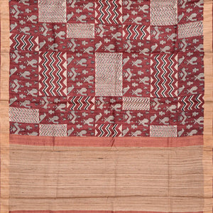 Chestnut Pink Handloom Tussar Silk Saree With Printed Bird Motifs-Chestnut Pink