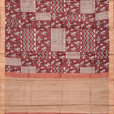 Chestnut Pink Handloom Tussar Silk Saree With Printed Bird Motifs-Chestnut Pink