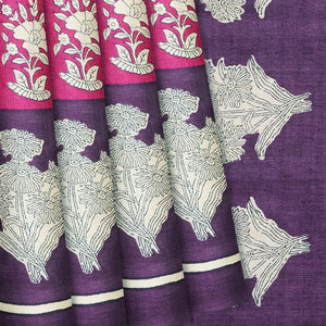 Baby Pink Handloom Tussar Silk Saree With Printed Floral Motifs-Baby Pink