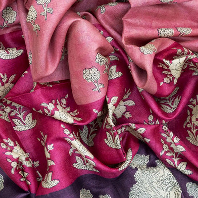 Baby Pink Handloom Tussar Silk Saree With Printed Floral Motifs-Baby Pink
