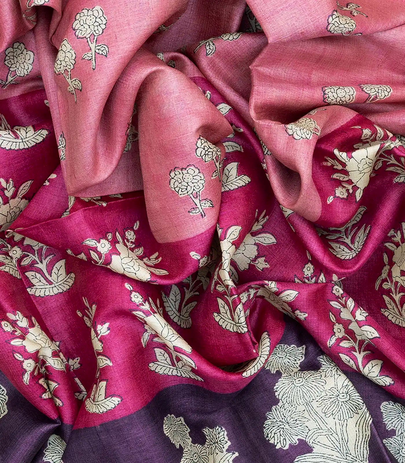 Baby Pink Handloom Tussar Silk Saree With Printed Floral Motifs-Baby Pink