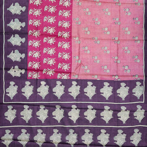 Baby Pink Handloom Tussar Silk Saree With Printed Floral Motifs-Baby Pink
