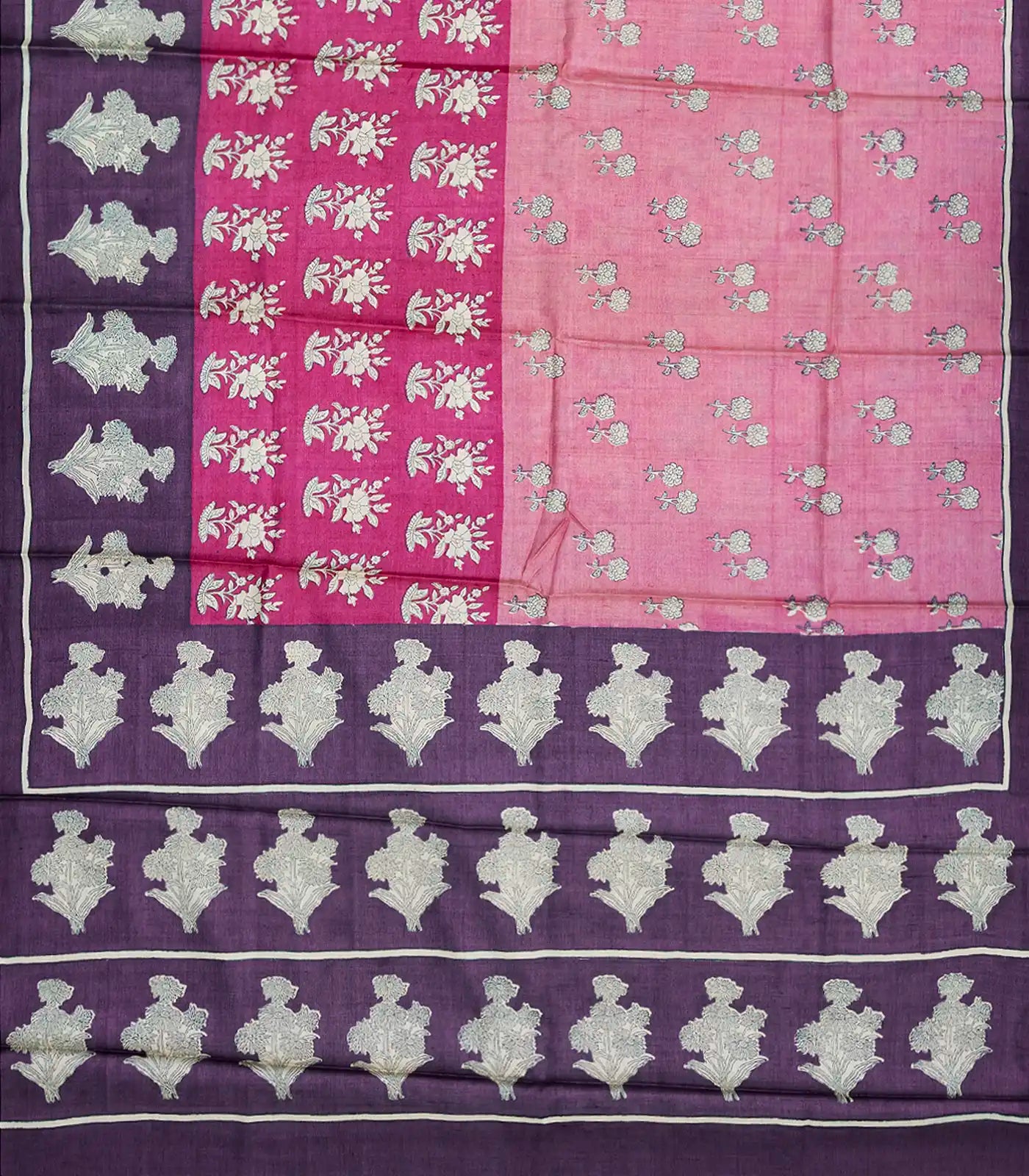 Baby Pink Handloom Tussar Silk Saree With Printed Floral Motifs-Baby Pink