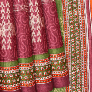 Chestnut Pink Handloom Tussar Silk Saree With Printed Mango Motifs-Chestnut Pink