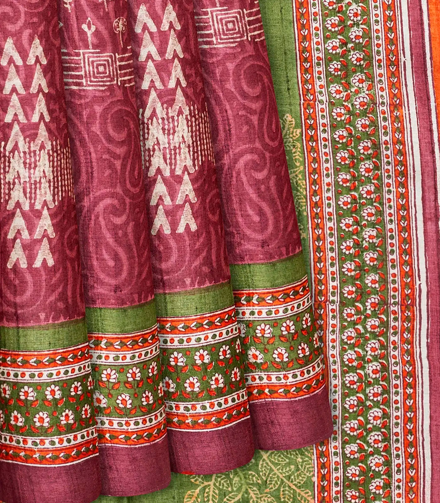 Chestnut Pink Handloom Tussar Silk Saree With Printed Mango Motifs-Chestnut Pink