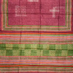 Chestnut Pink Handloom Tussar Silk Saree With Printed Mango Motifs-Chestnut Pink