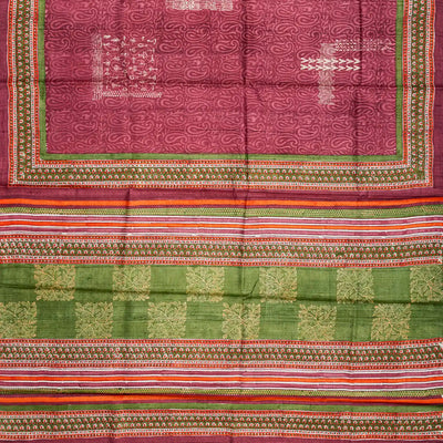 Chestnut Pink Handloom Tussar Silk Saree With Printed Mango Motifs-Chestnut Pink