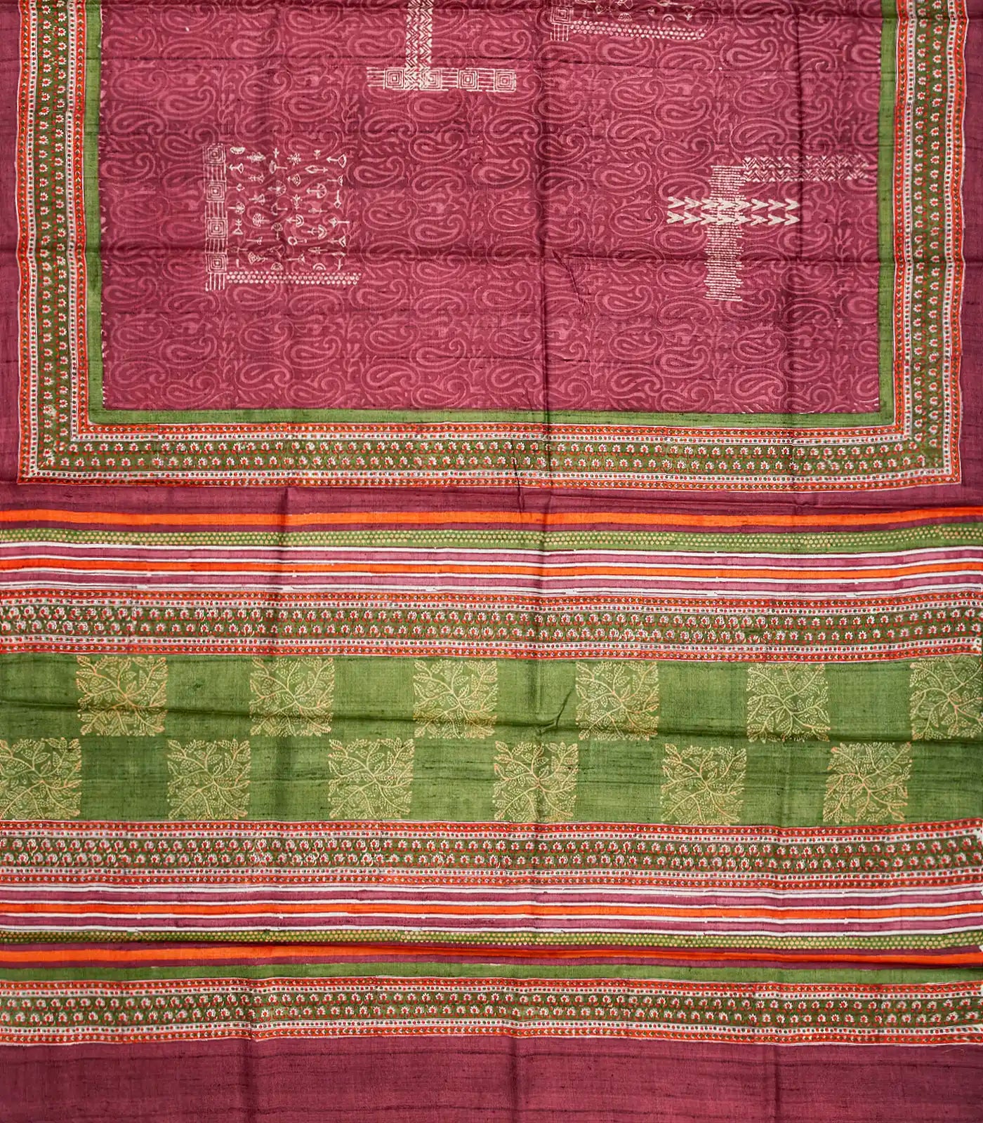 Chestnut Pink Handloom Tussar Silk Saree With Printed Mango Motifs-Chestnut Pink