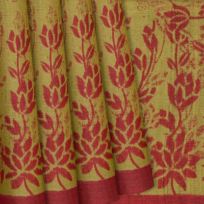 Sage Green Handloom Tussar Silk Saree With Printed Floral Motifs-Sage Green