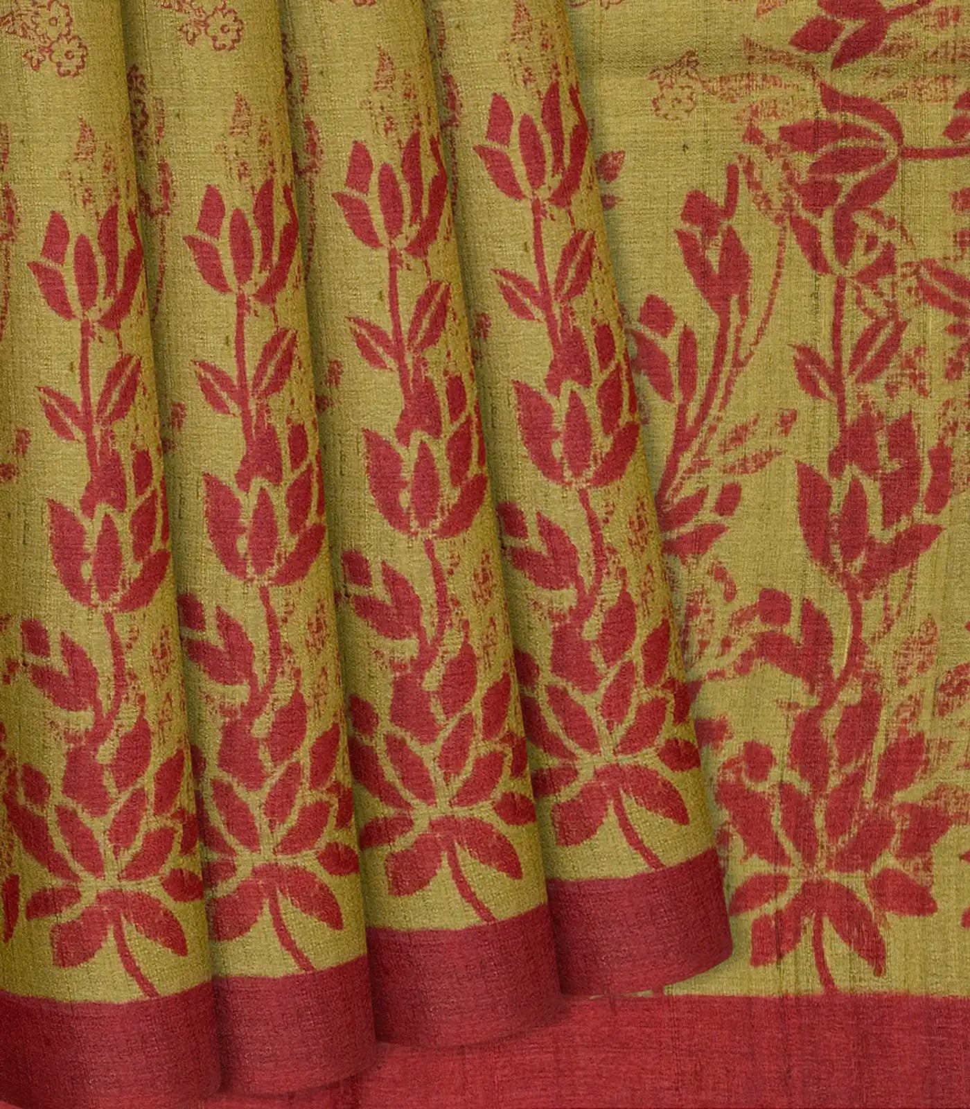 Sage Green Handloom Tussar Silk Saree With Printed Floral Motifs-Sage Green