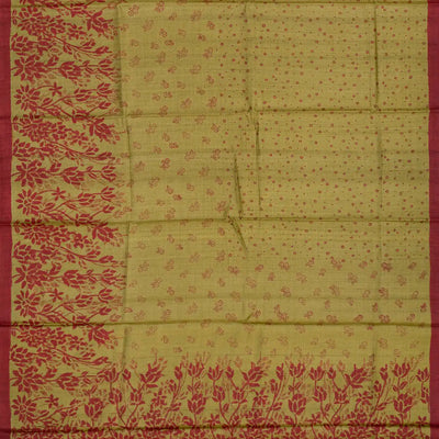 Sage Green Handloom Tussar Silk Saree With Printed Floral Motifs-Sage Green