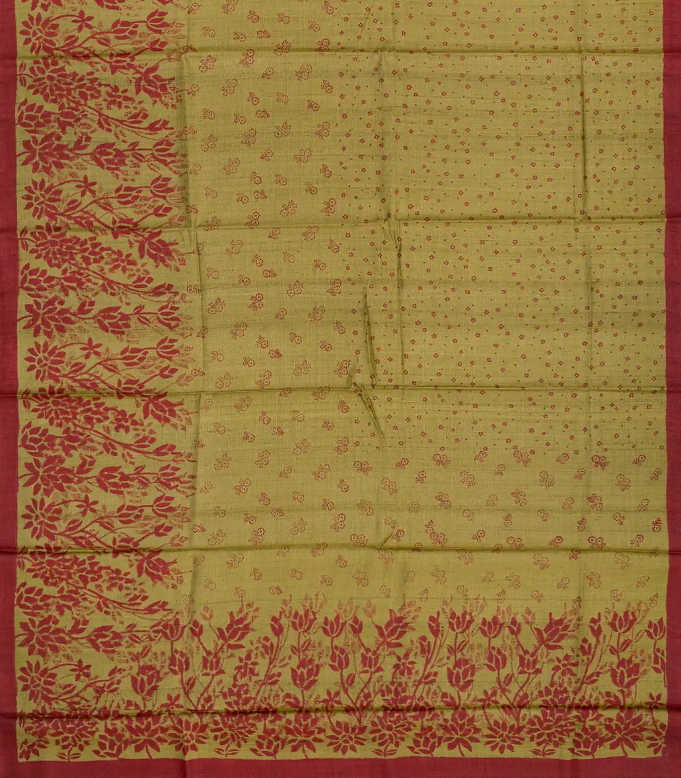 Sage Green Handloom Tussar Silk Saree With Printed Floral Motifs-Sage Green