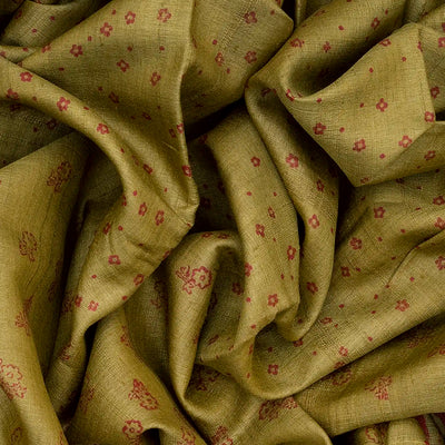 Sage Green Handloom Tussar Silk Saree With Printed Floral Motifs-Sage Green