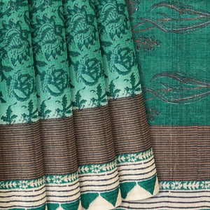 Sea Green Handloom Tussar Silk Saree With Printed Floral Motifs-Sea Green
