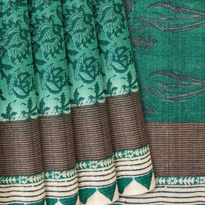 Sea Green Handloom Tussar Silk Saree With Printed Floral Motifs-Sea Green