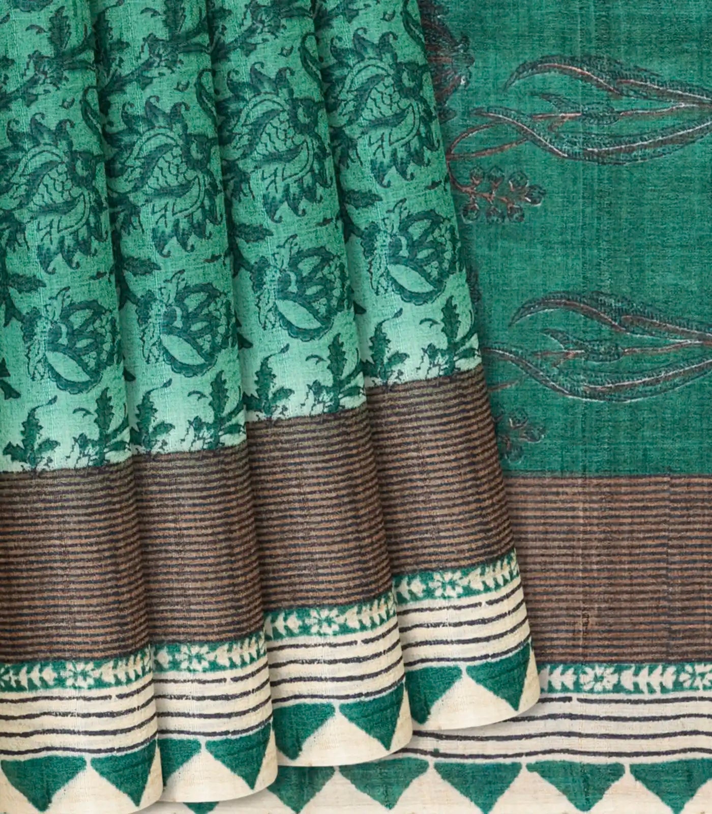 Sea Green Handloom Tussar Silk Saree With Printed Floral Motifs-Sea Green