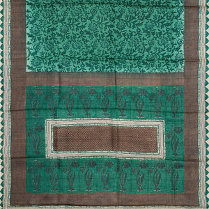 Sea Green Handloom Tussar Silk Saree With Printed Floral Motifs-Sea Green