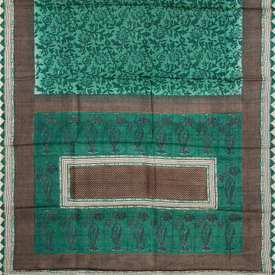 Sea Green Handloom Tussar Silk Saree With Printed Floral Motifs-Sea Green